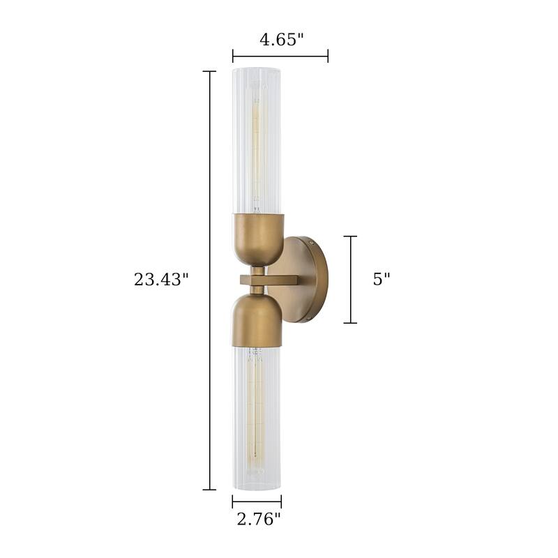 Modern 2-Light Wall Sconce with Ribbed Glass Tube Shades - Brass - 5" W x 4.6" D x 23.4" H