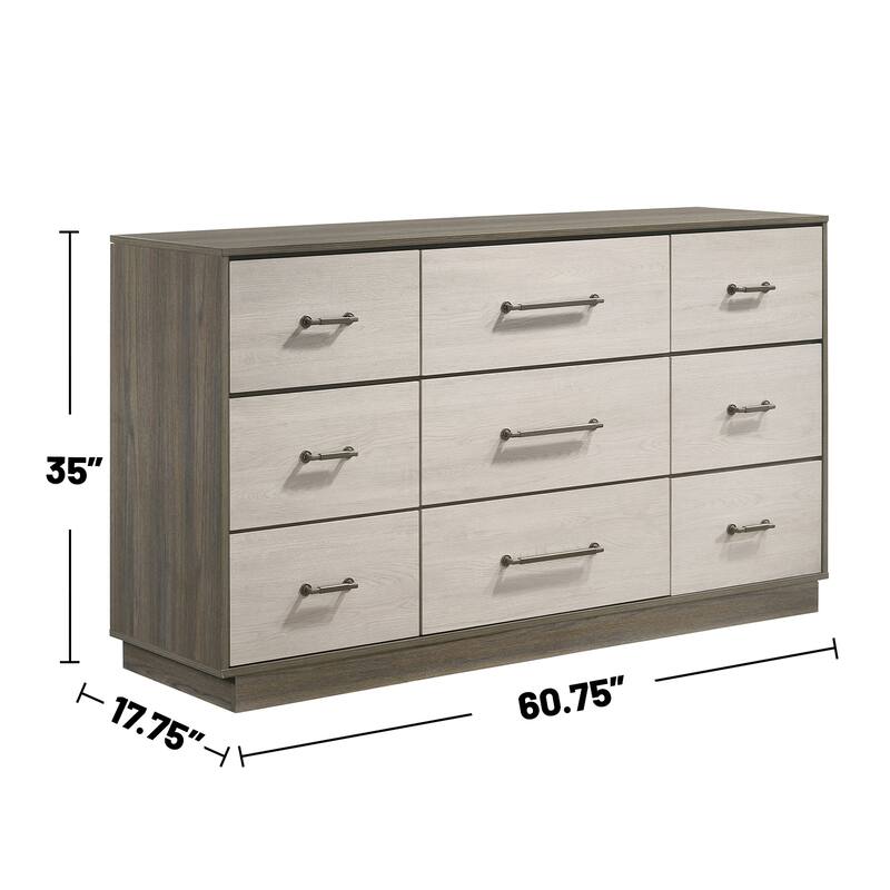 9 Drawers Wooden Dresser with Floating Base in Grey Oak