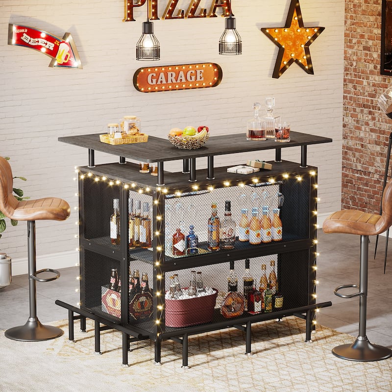 L-shape Home Bar Unit, Liquor Bar Table with 2-Tier Storage - N/A