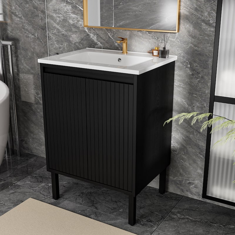 GDFStudio - Ari Modern Aesthetic Freestanding Bathroom Vanity with Ceramic Sink, Soft Close Drawers & Large Storage Spaces