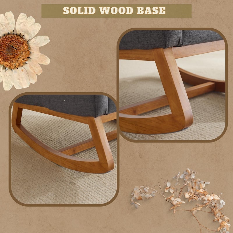 High Back Linen Rocking Chair with Lumbar Pillow Ergonomic Padded Armrests Solid Wood Frame Comfortable Indoor Rocker