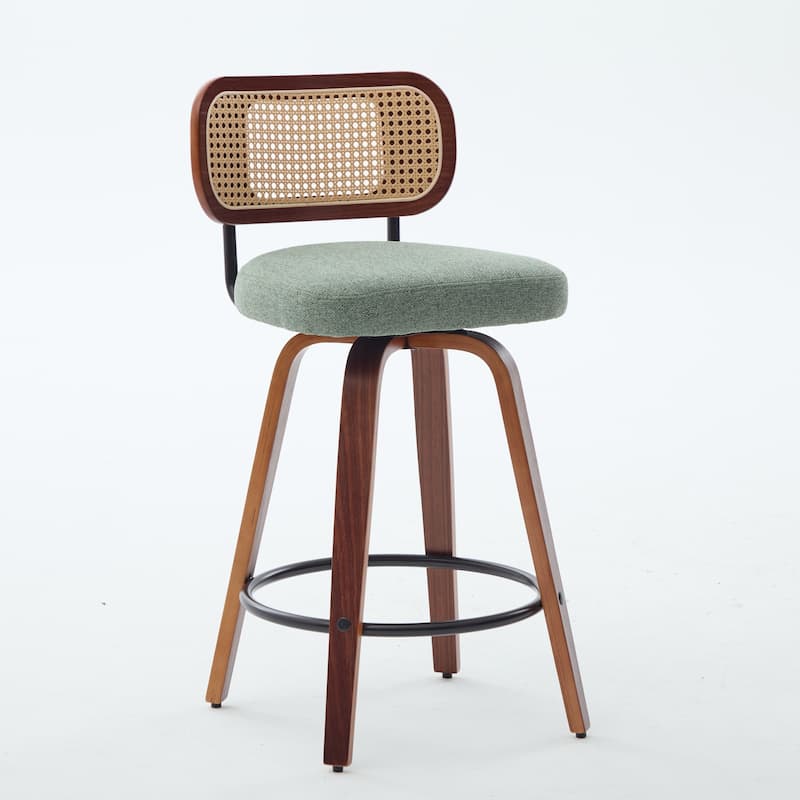 Linen Upholstered Swivel Bar Stools Set of 2, Counter Height Bar Stools with Rattan Back, Kitchen Island Chairs with Footrest