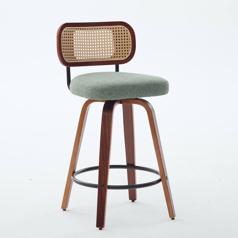 Set of 2 Counter Height Bar Stools, 26" Rattan Back with Light Green Linen Upholstered Seat & Swivel Design