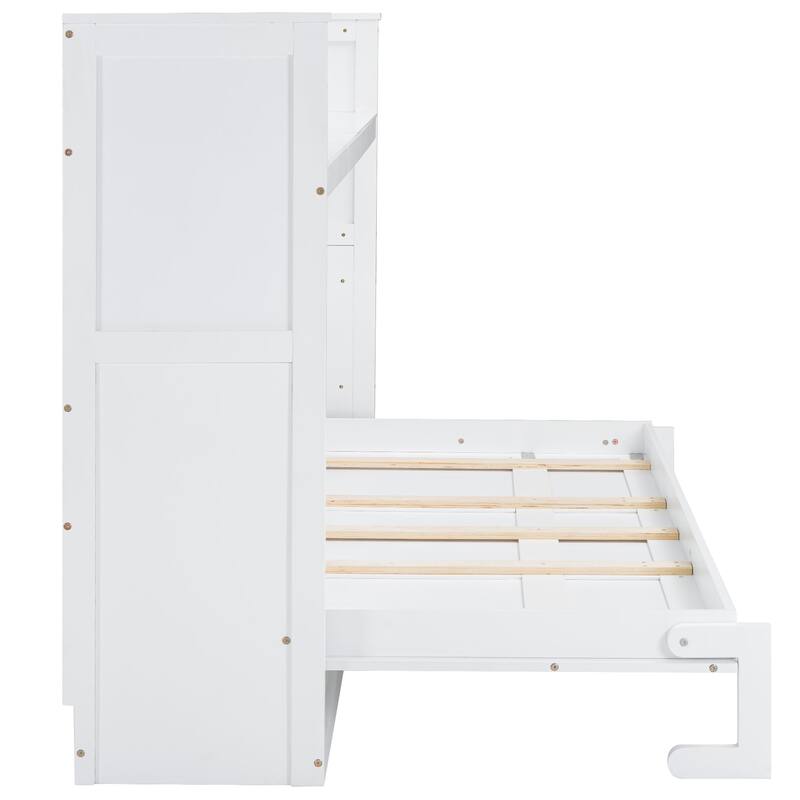 Twin XL Size Solid Wood Murphy Bed with Desk, LED Light and USB Charging Station, Hidden Convertible Folding WallBed for Bedroom