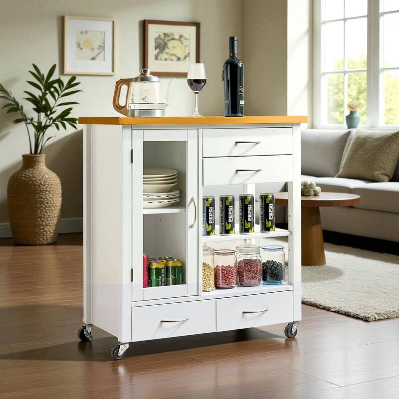 31" Rolling Kitchen Island Cart with Walnut Wood Top, Drawers, Glass Door Storage Cabinet & Towel Bar