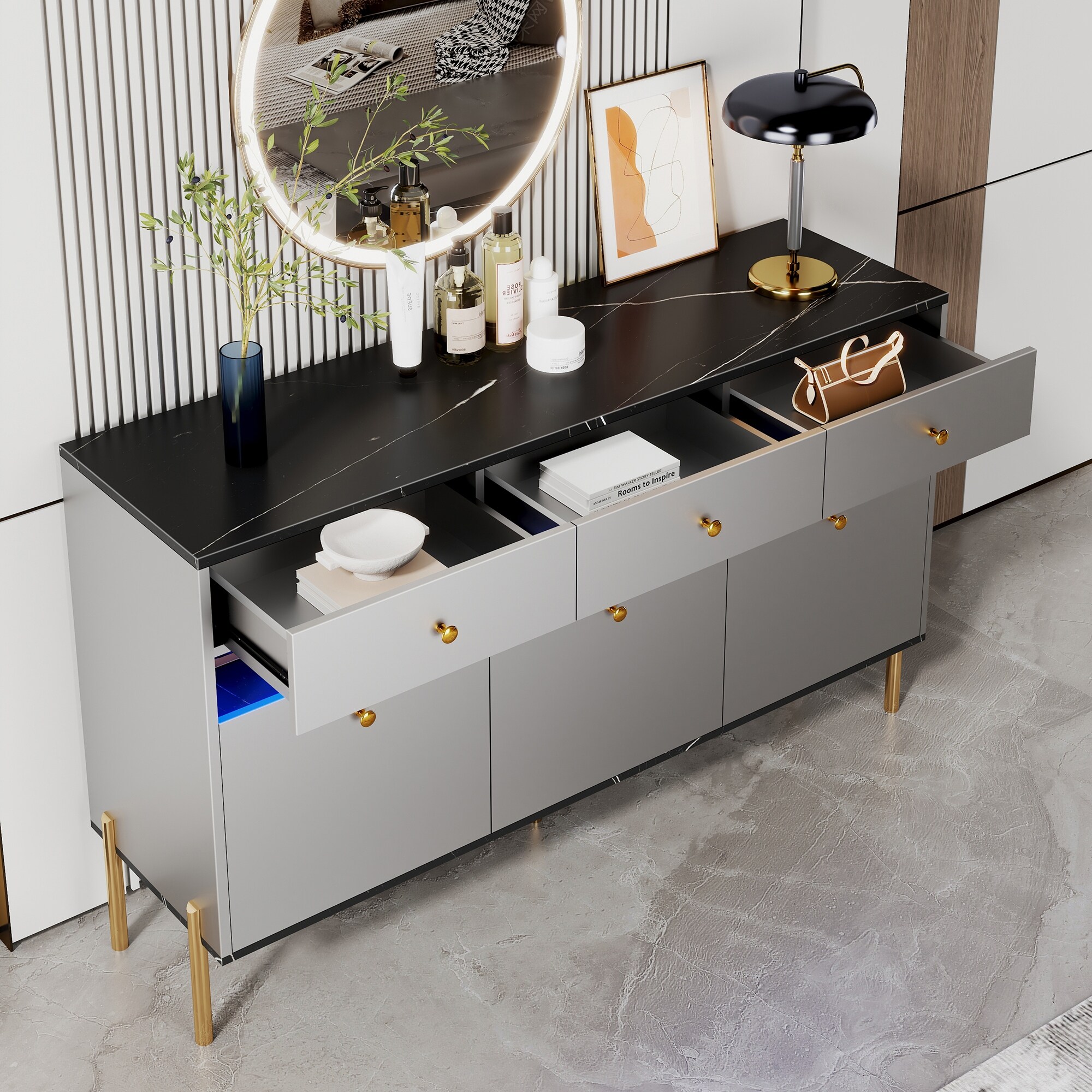 grey led dresser Furniture of America Sherri Modern 2-Piece Light Grey Solid Wood 6-Drawer Dresser and Mirror Set with Touch LED