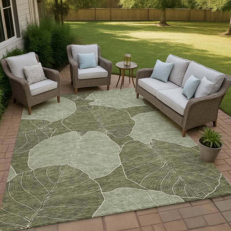 Machine Washable Indoor/ Outdoor Tropical Floral Chantille Rug - Olive - 9' x 12'