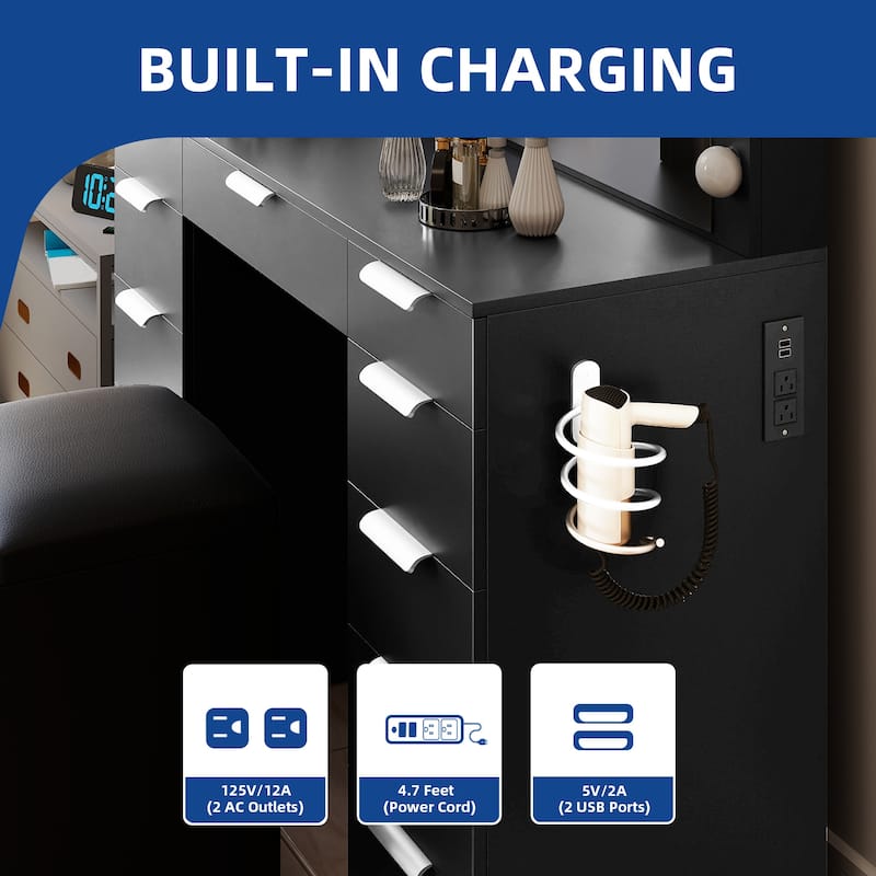 Makeup Vanity Set with Oversized Mirror 3 Color LED Lights Charging Hub 11 Drawers and Comfy Storage Stool for Bedroom