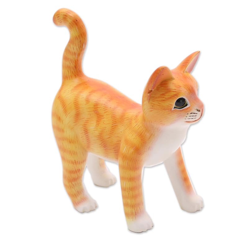 Novica Handmade Curious Kitten In Orange Wood Sculpture