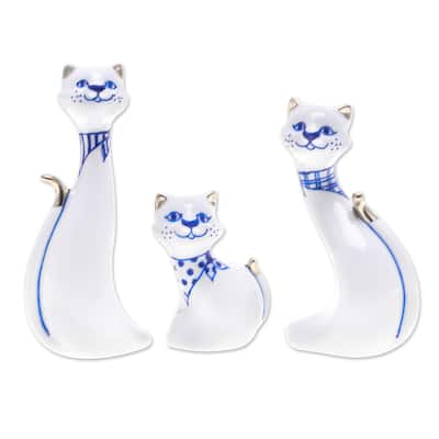 Novica Handmade Cat Family Gilded Porcelain Statuettes (Set Of 3)