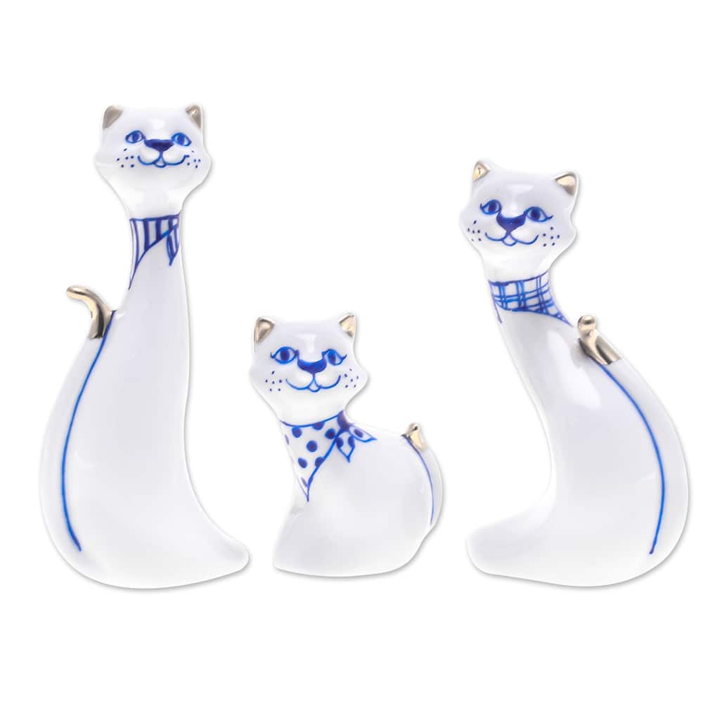 Novica Handmade Cat Family Gilded Porcelain Statuettes (Set Of 3)