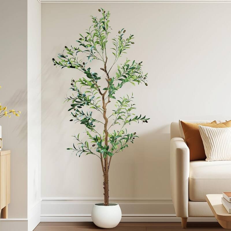 VECELO Set of 2 Artificial Olive Trees Lifelike Silk Leaves with Solid Wood Trunk 59 and 71-inch Tall for Home and Office Decor
