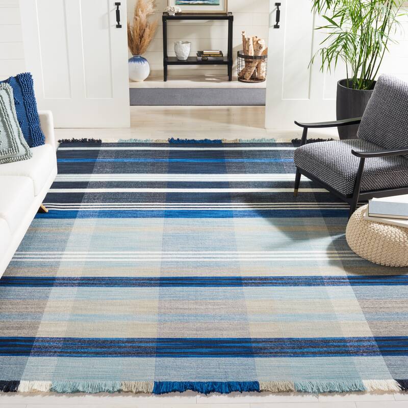 SAFAVIEH Striped Kilim Irsila Wool Fringe Rug - 8' x 10' - Navy/Charcoal