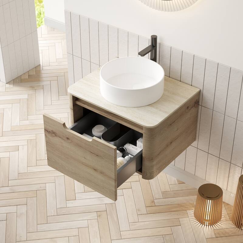 24" Bathroom Vanity with Sink,Wall-Mounted Plywood Storage Cabinet with Drawer,Round Ceramic Basin and Roma Stone Top
