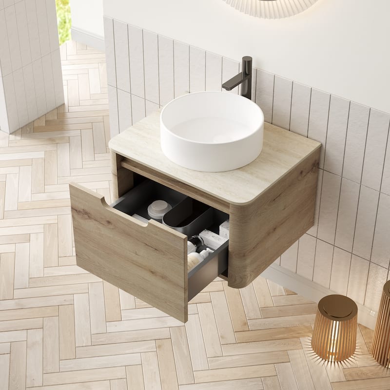 GDFStudio - Xai Floating Bathroom Vanity with Drawer, White Round Ceramic Basin & Travertine Sintered Stone Top, WITHOUT Faucet