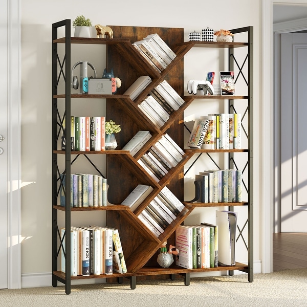 Moasis Wood 5 Tier Large Tree Bookshelf Industrial Open Etagere Bookcase