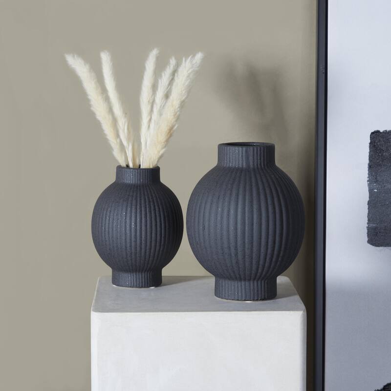 Ceramic Ribbed Decorative Vase - Set of 2 White or Black - CosmoLiving by Cosmopolitan