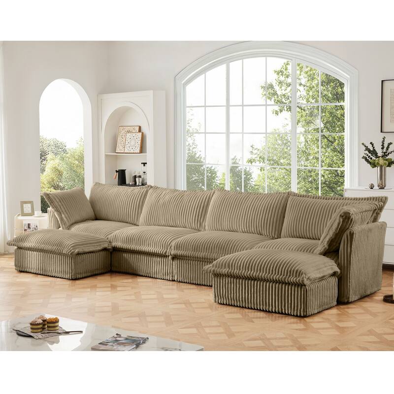 Modern 4 Seater Upholstered Sofa with 2 Ottomans and 2 Pillows