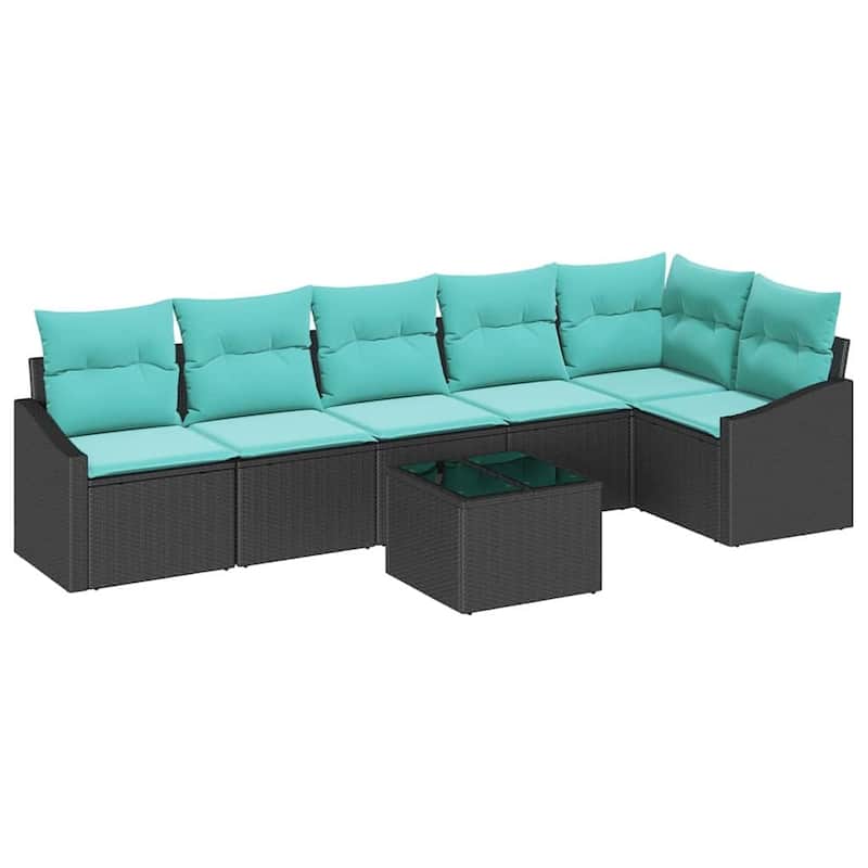 vidaXL 7 Garden Sofa Set with Cushions Black Poly Rattan - 113.6 x 48.6 x 27.2
