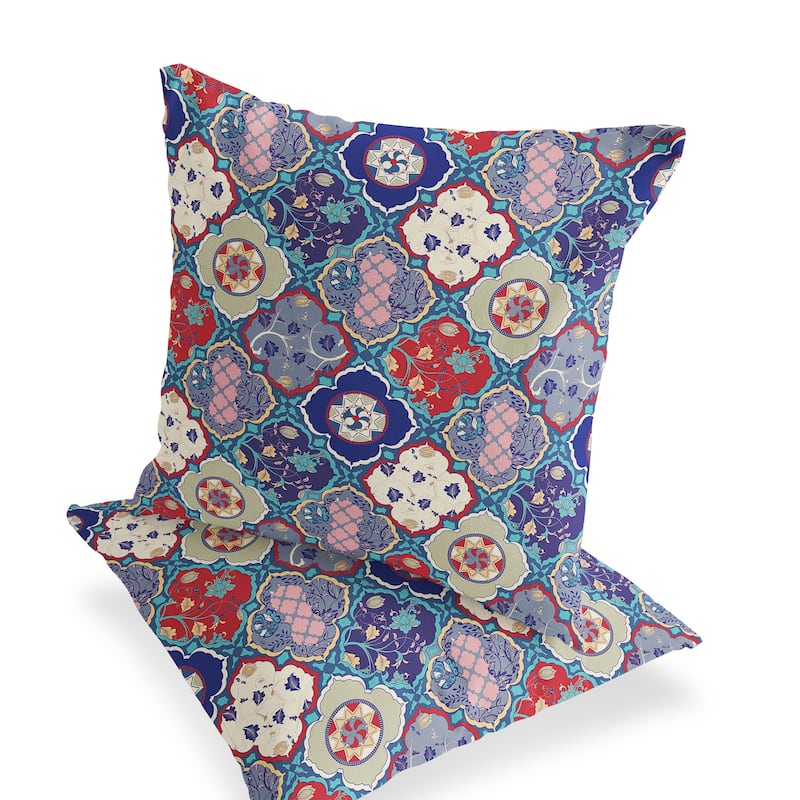 HomeRoots Set of Two 16" X 16" Blue and Green Blown Seam Floral Indoor Outdoor Throw Pillow - 16.00' X '16.00' X '5.00