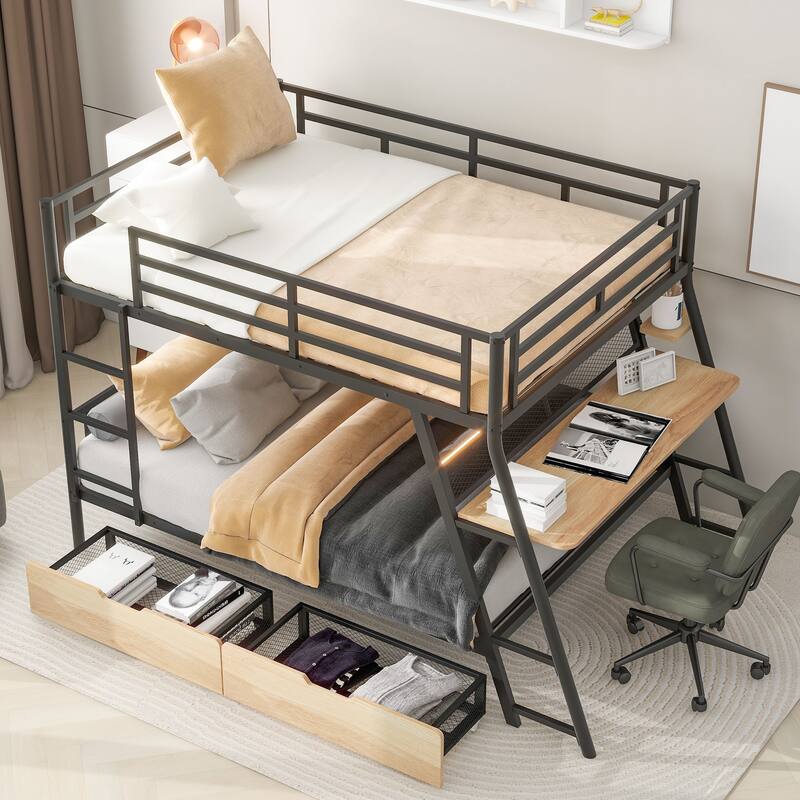 Black Full Size Bunk Bed with Desk, LED Lighting, and Two Under-Bed Drawers, Metal Frame - Black - Full
