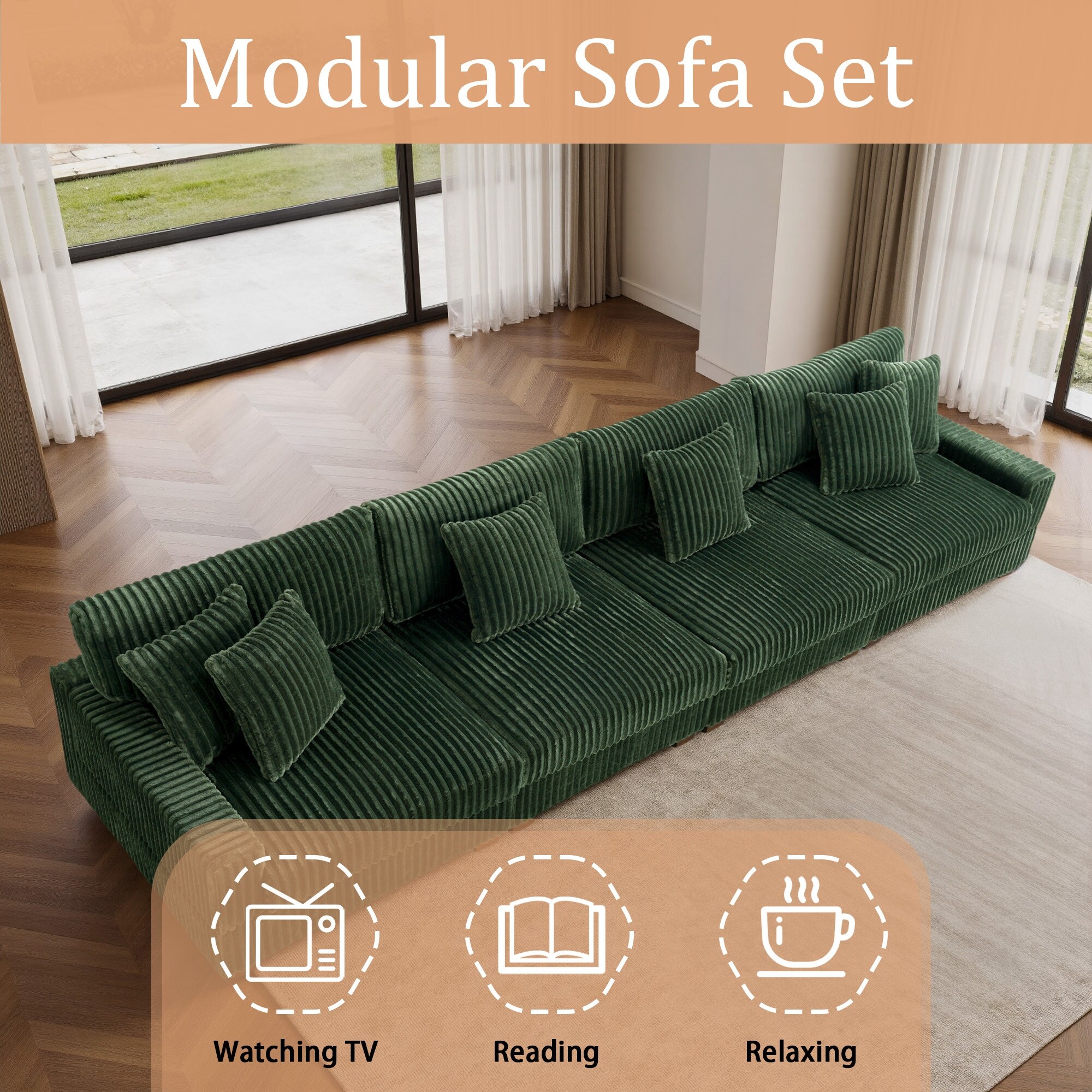 Modular Cotton Flannel Plush Sectional Sofa with Ottomans - On