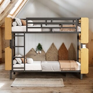 2 In 1 Metal Twin Over Twin Bunk Bed with Storage Bookcase,Ladder and Guardrail