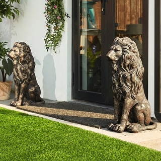 Glitzhome Set of 2 MGO Majestic Sitting Guardian Lion Statues Porch Sculpture Outdoor Indoor
