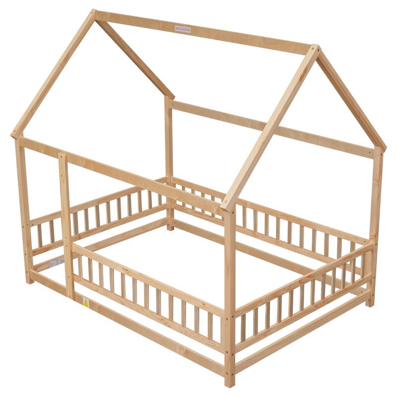 Full Size Floor Wooden Bed with House Roof Frame
