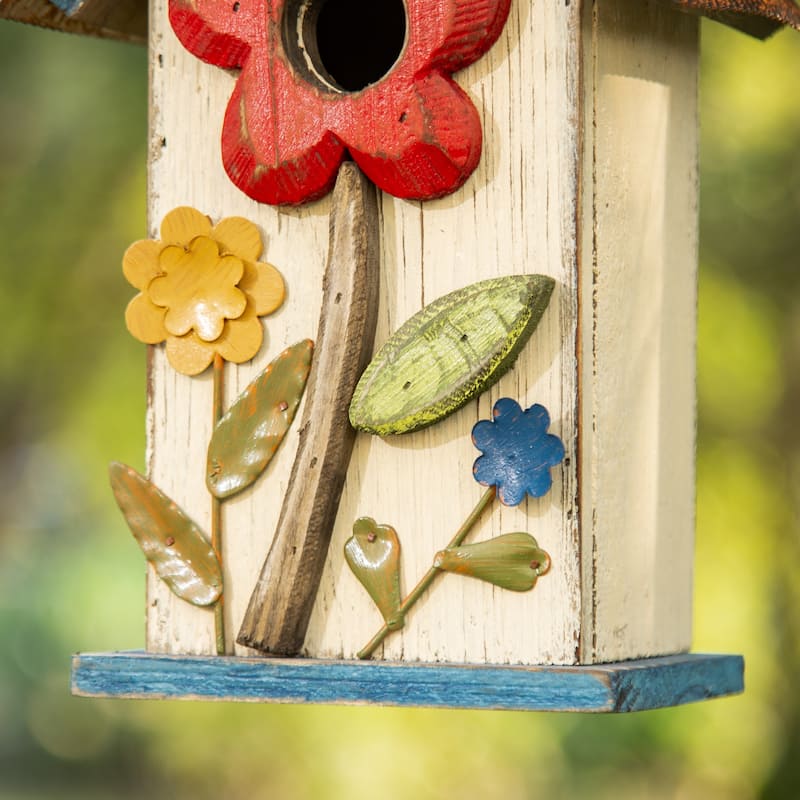 Glitzhome 10"H Multicolor Cute Distressed Solid Wood Birdhouse with 3D Flowers