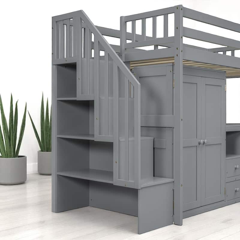 Twin/Full Size Loft Bed with Desk, Wardrobe, Drawers & Stairs, Wood Frame Study Bed with Storage for Kids/Teens