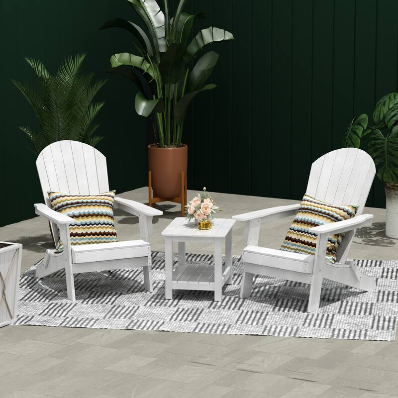 Vineyard HIPS Outdoor Folding Eco-Friendly All Weather Seashell Adirondack Chairs with Side Table (3-Piece Set) - White