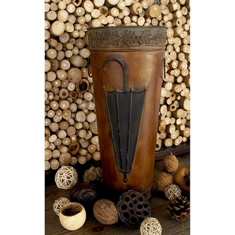 Metal Umbrella Stand with Umbrella Image and Handles - Set of 2 Brown or Black - Roche River Decor