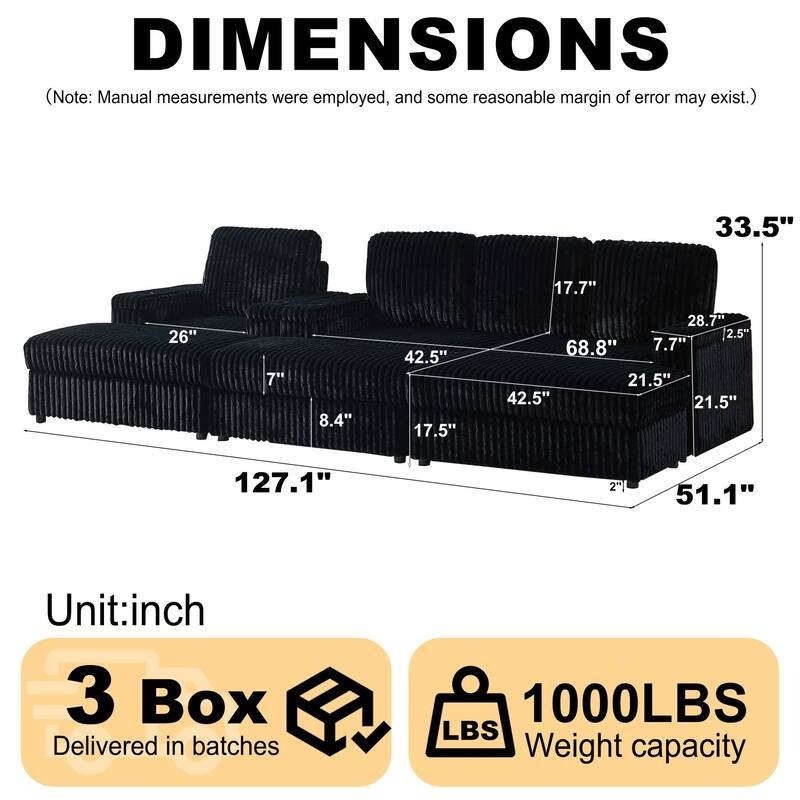 3-seater Modern Sofa with Corduroy Single Sofa, Cup-holding Grooves and 3 Ottomans