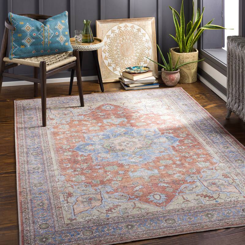 Artistic Weavers Abhishek Distressed Traditional Machine Washable Area Rug - 7'6" x 9'6" - Rust/Blue