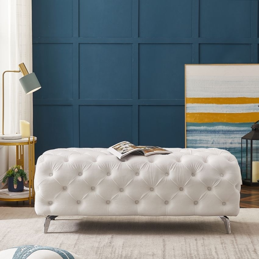 white velvet tufted bench