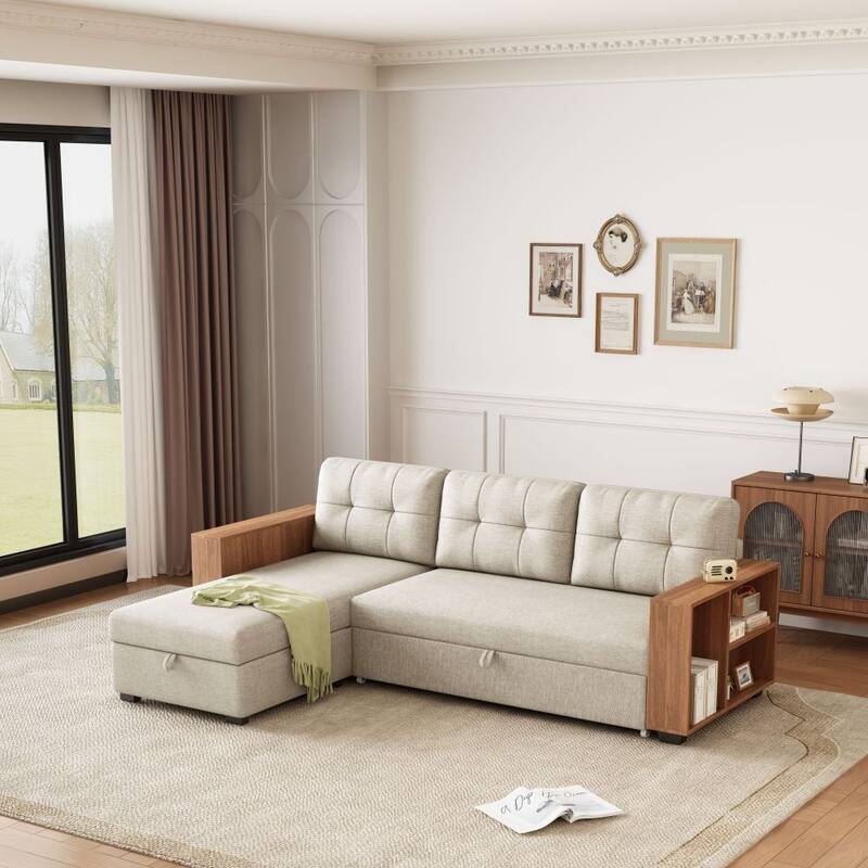Upholstered Pull Out Sectional Sofa with Storage Chaise