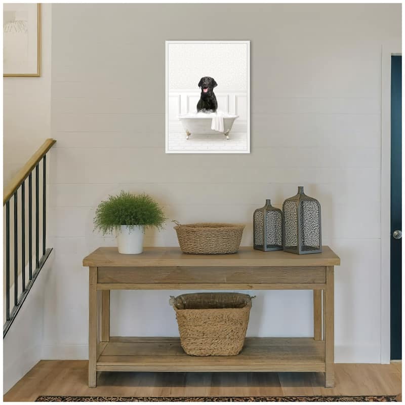 Kate and Laurel Sylvie Black Lab in White Bathtub Framed Canvas by Amy Peterson