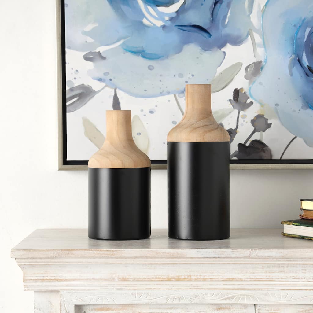 Black Wood Colorblock Decorative Vase with Light Brown Wood Tops (Set of 2)