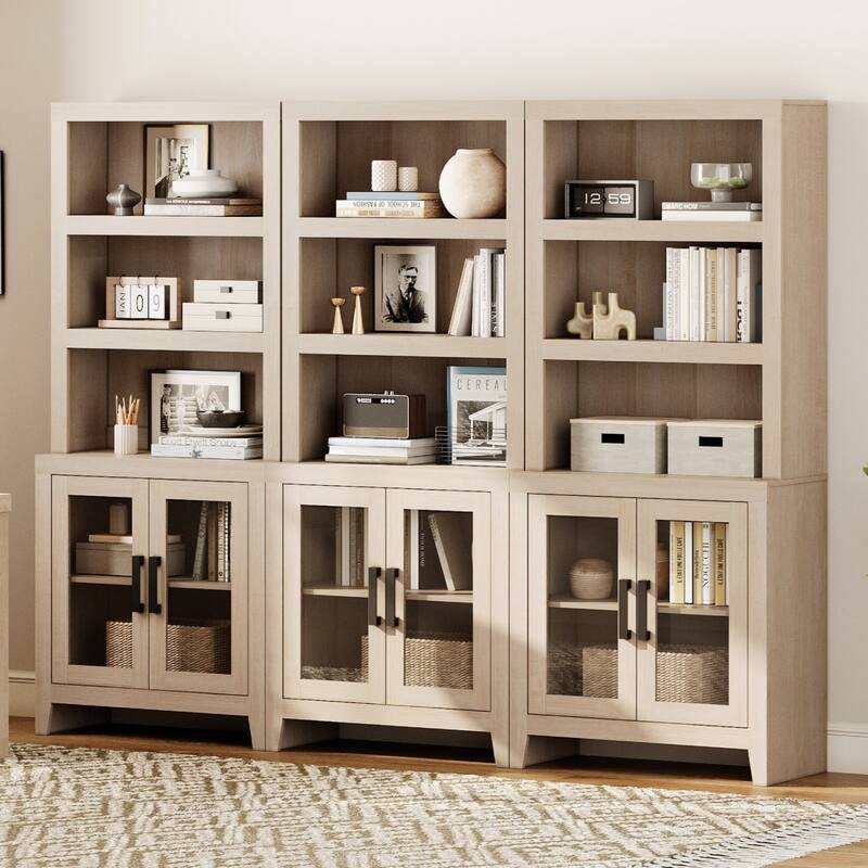 WAMPAT 3 Tier Bookshelf with Glass Door, 74" Tall Bookcase with Adjustable Shelf and Storage Cabinet, Farmhouse Wooden Bookshelf - 93-inch width - Beige