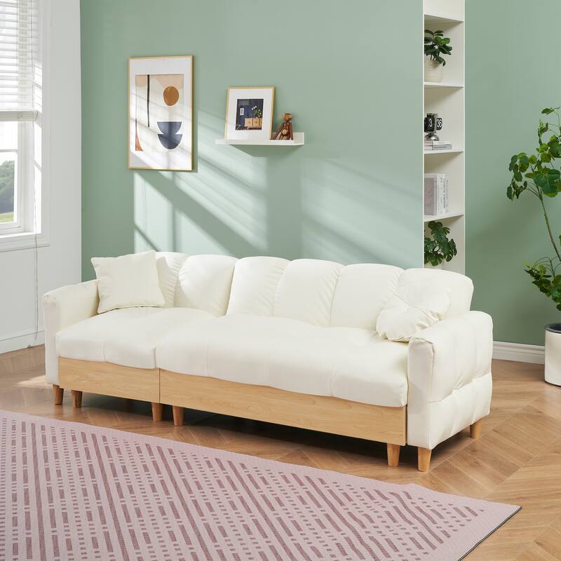 3-Seater Teddy Fabric Sleeper Sofa with Pull-Out Bed, Beige Couch with Storage and Gold Legs