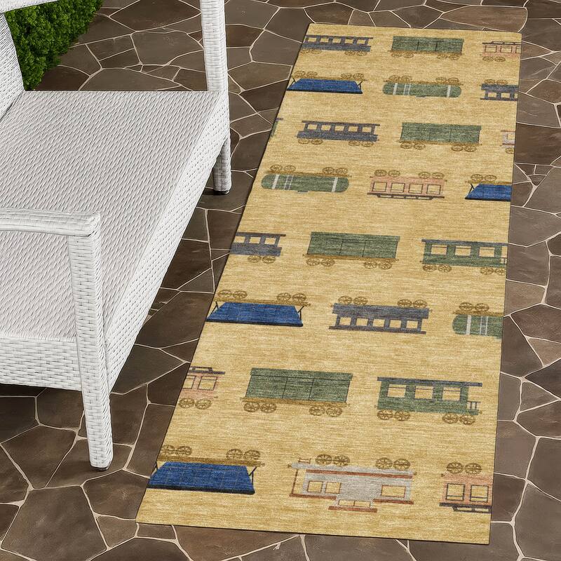 Machine Washable Indoor/ Outdoor Modern Train Chantille Rug - Gold - 2'3" x 7'6"