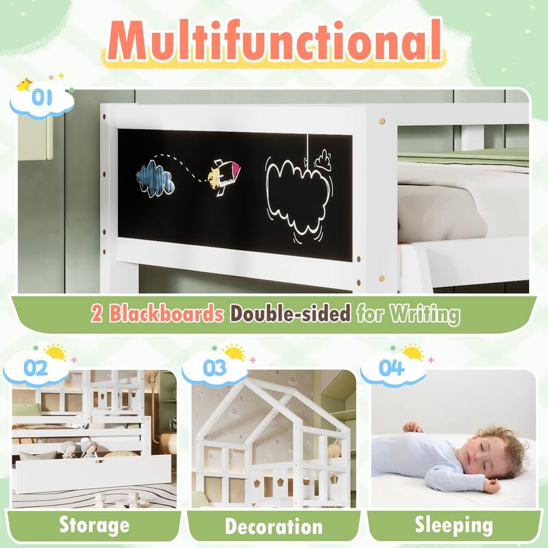Wooden Twin/Full Size House Platform Bed with Ladder and Storage Drawers, Solid Pined Playhouse Bedframe with 2 Blackboard