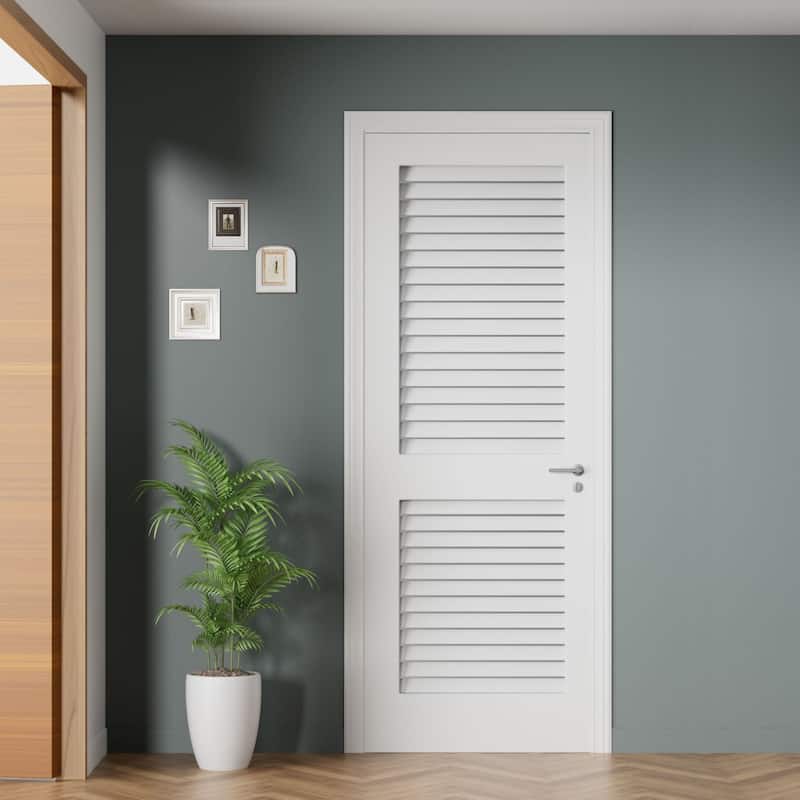 80"H White Louver Closet Doors Solid Manufactured Wood Primed Shaker Slab Interior Door - White