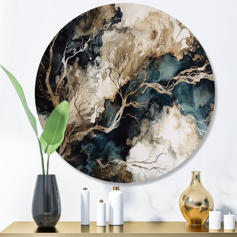 Designart "Blue Beige Marbled Dreamscape I" Modern Geometric Metal Round Wall Art - 16x16 - Disc of 16 Inch