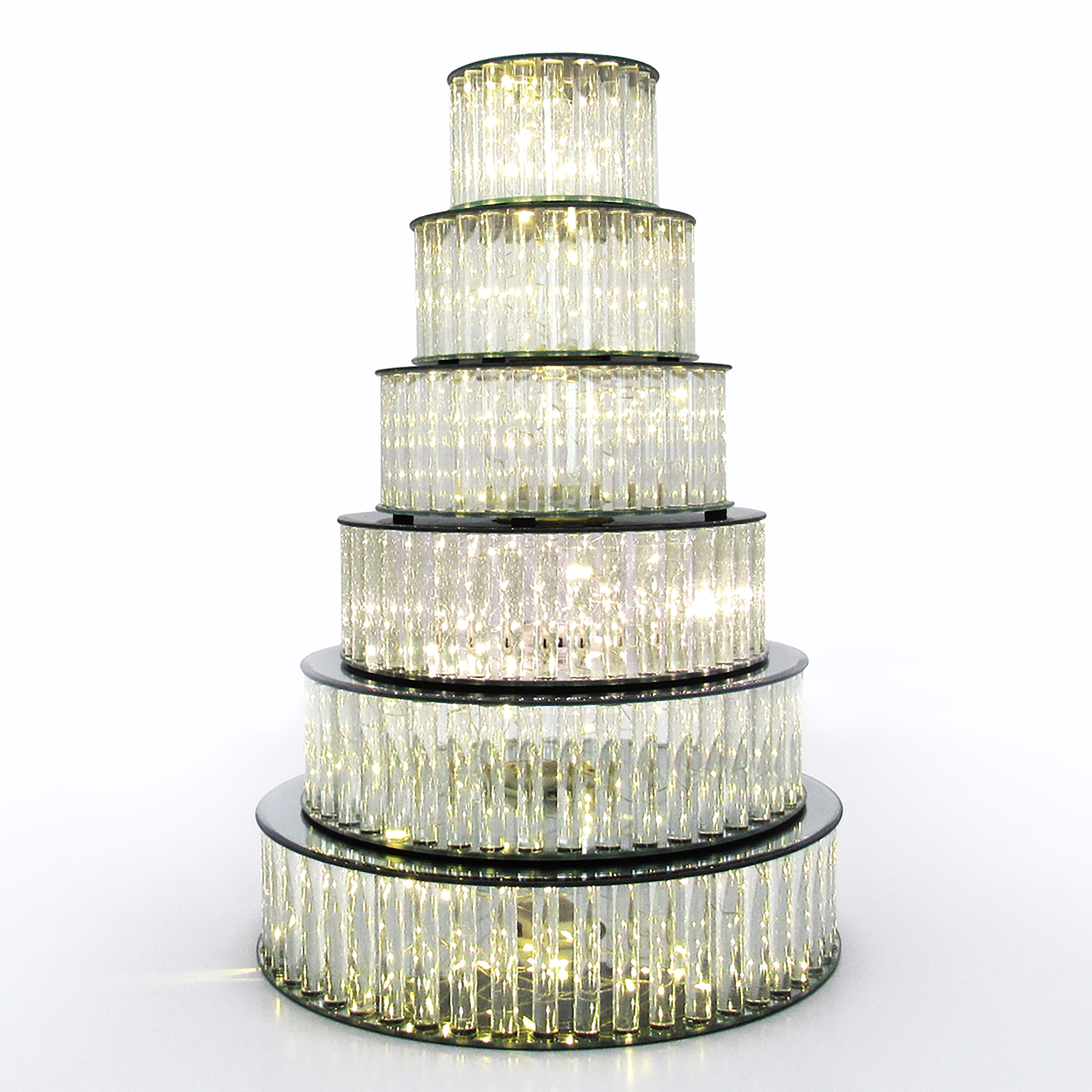 Round Mirror LED Fairy Light Up Glass Columns Cake Stand Dessert Display Tray Riser