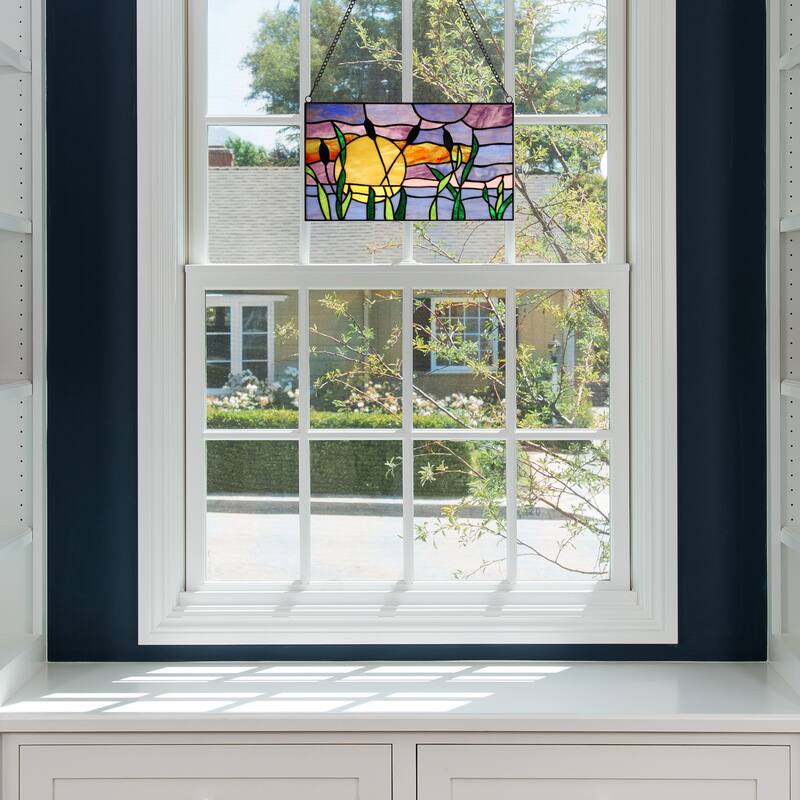River of Goods Cattails Sunset River of Goods Multicolored Stained Glass Window Panel - 14" x 0.25" x 8.25"