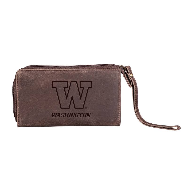 Brown Leather Cell Phone Wristlet Wallet, Universitiy of Washington - 4" x 7"