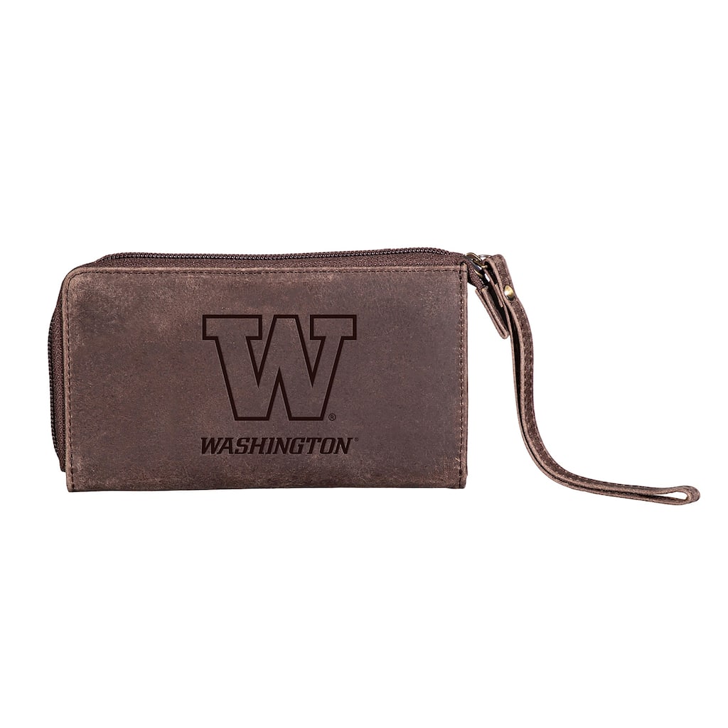 Brown Leather Cell Phone Wristlet Wallet, Universitiy of Washington - 4" x 7"