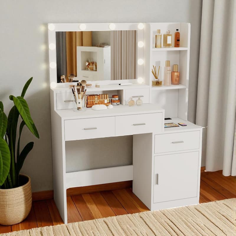 43" Makeup Vanity Desk with Smart LED Mirror, 5 Drawers, Storage Cabinet & Shelves, Dressing Table for Bedroom